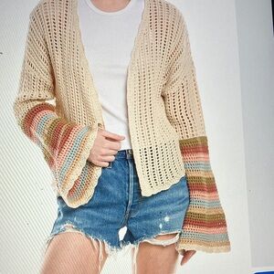 Oatmeal color block Crochet Cardigan with bell Multicolor Sleeves